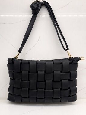 Anthro Woven Black Shoulder Bag Gold Hardware Knot Strap Chic
